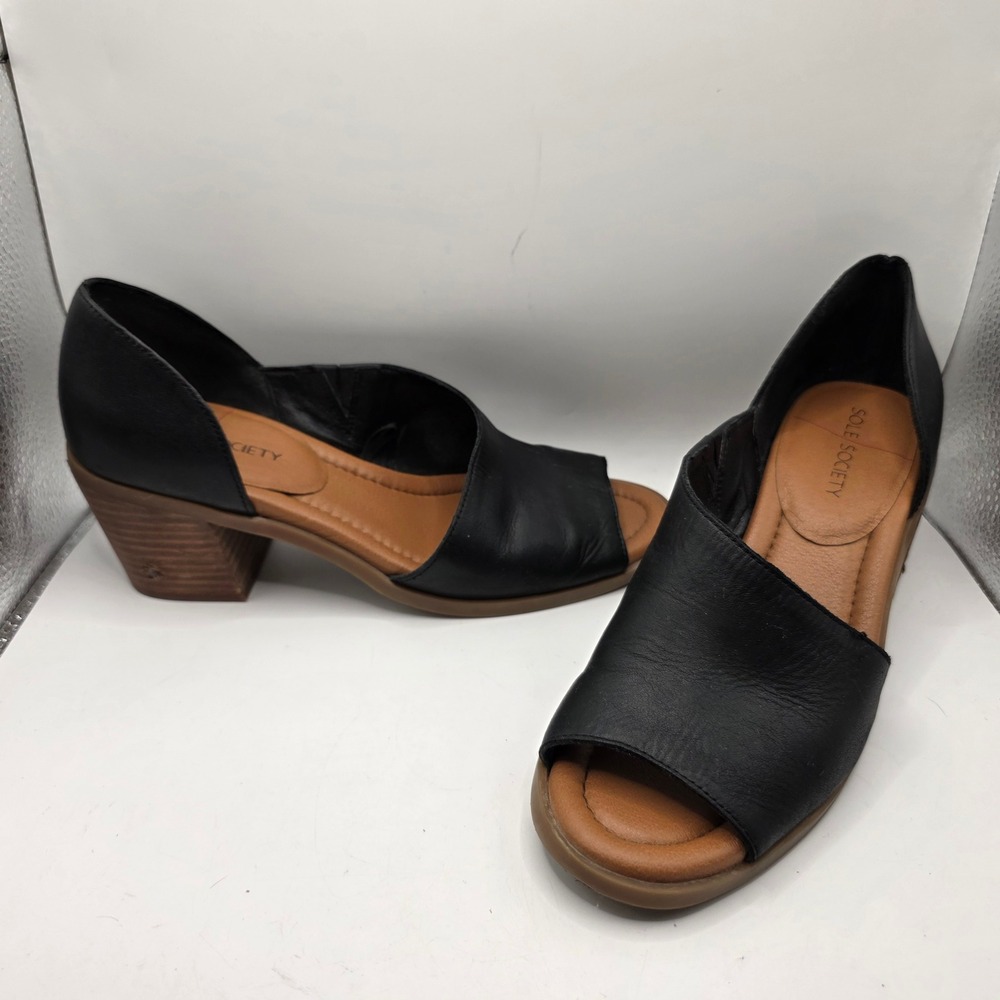 Sole Society Black Leather Open Toe D'Orsay Block Heel Sandals Womens 8.5 M